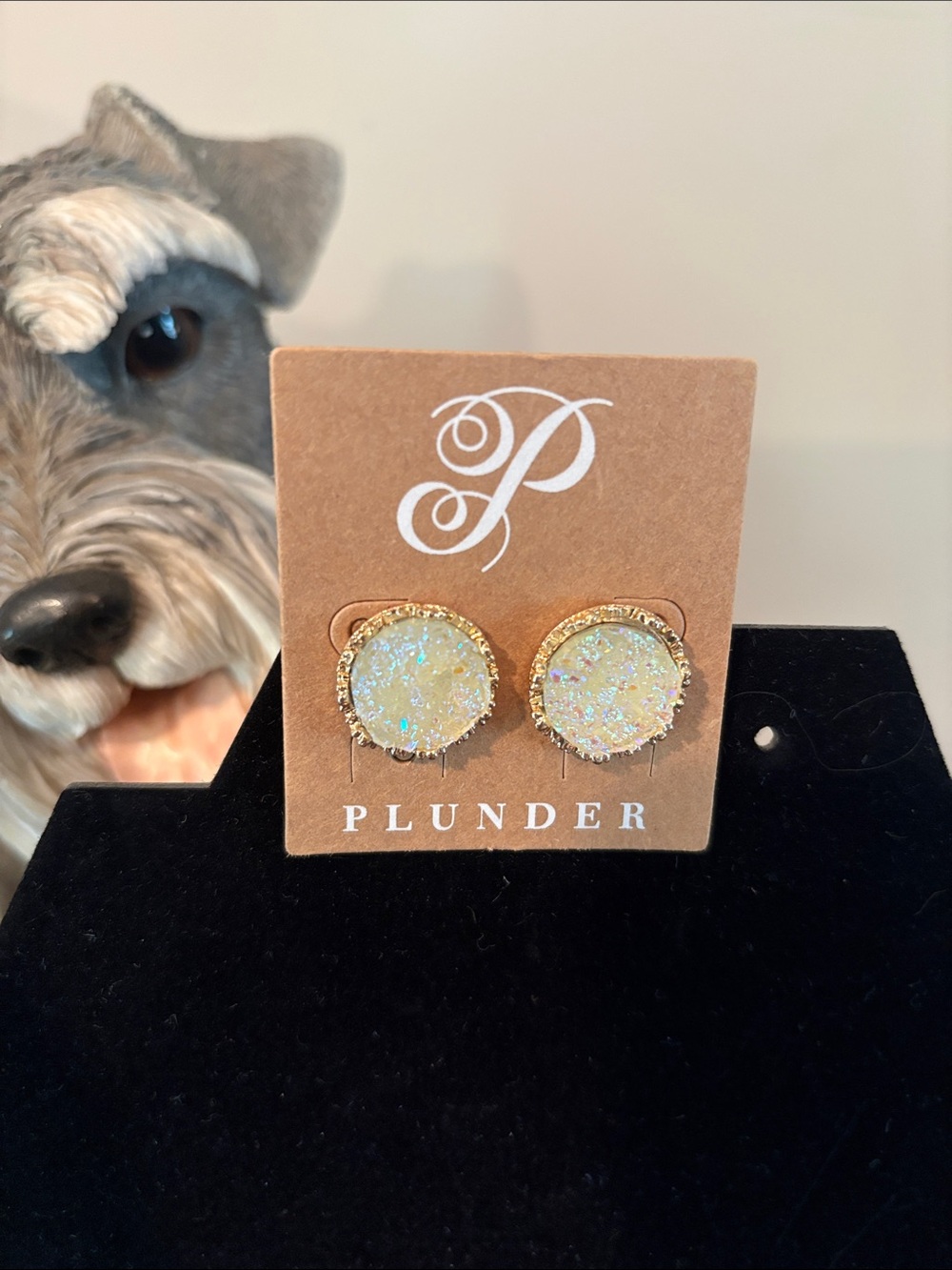 Plunder Gold-Trim Iridescent White Druzy look Studs